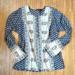 American Eagle Outfitters Blue & Cream Thin Sheer Embroidered Tunic Sz Large